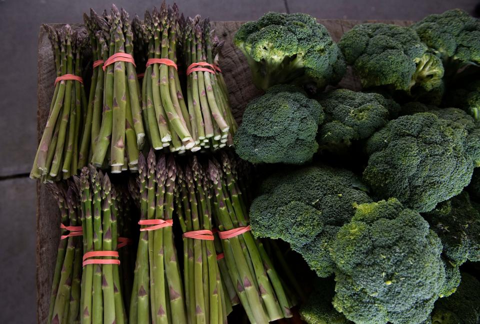 Asparagus and broccoli for sale at the Farmers' Market in Nashville.
