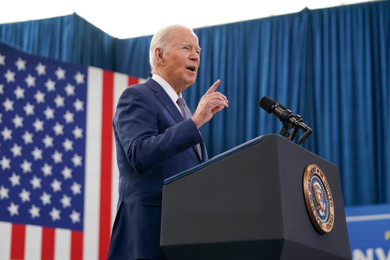 President Joe Biden speaks at the Abbots Creek Community Center in Raleigh, N.C., Thursday, Jan. 18, 2024. Biden is visiting North Carolina to highlight $82 million in new spending to connect 16,000 households and businesses to high-speed internet. Biden's reelection campaign is making winning North Carolina and its 16 electoral votes a top priority in this year's presidential election. (AP Photo/Manuel Balce Ceneta)