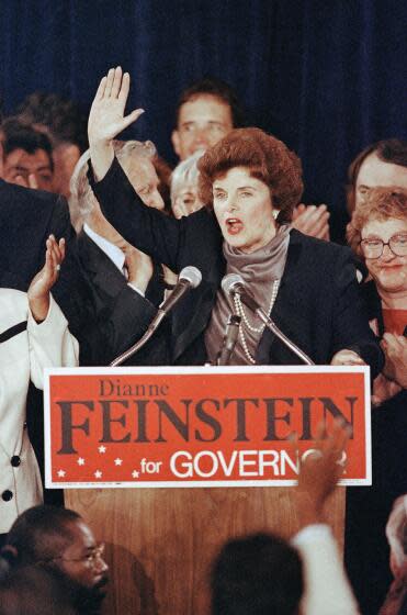 Democratic gubernatorial candidate Dianne Feinstein waves to supporters at the Fairmont Hotel in San Francisco, June 6, 1990, after wining her party's nomination for governor in the California June primary election against John Van de Kamp. She will face Republican Pete Wilson in November. (AP Photo/Walter J. Zeboski)