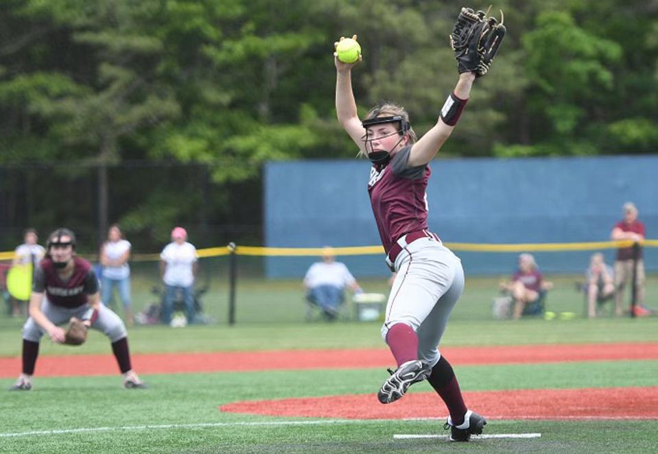 Juliet Tagliaferri winds up to throw a pitch for Oriskany Saturday, June 11, 2022, during their Class D state semifinal game against Argyle at the Moriches Athletic Complex on Long Island.