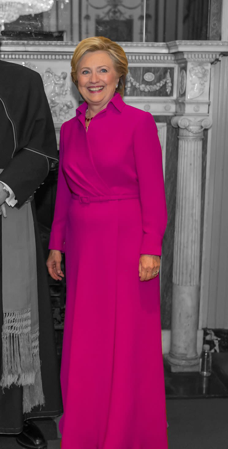 Hillary Clinton in a pink gown. (Photo by Daniel Goodrich/Archdiocese of New York via Getty Images)