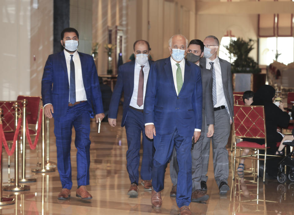 U.S. peace envoy for Afghanistan Zalmay Khalilzad arrives for talks in Doha, Qatar, Tuesday, Aug. 10, 2021. In a statement early Tuesday the U.S. State Department said Khalilzad was in Doha to "help formulate a joint international response to the rapidly deteriorating situation in Afghanistan." That response will reinforce a repeated warning to the Taliban against seeking power through force.(AP Photo/Hussein Sayed)