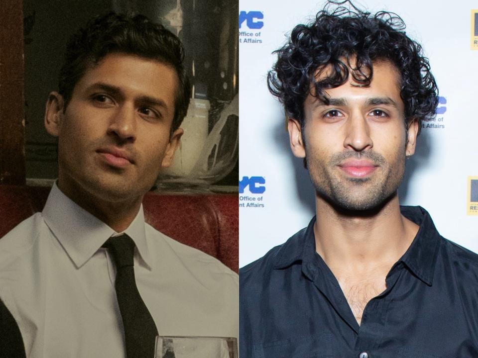 left: raj varma in 3 body problem. he's a young man with a white shirt and balck tie, his hair slicked back and styled; right: saamer usmani on a red carpet, wearing a blue collared shirt with his hair worn curly