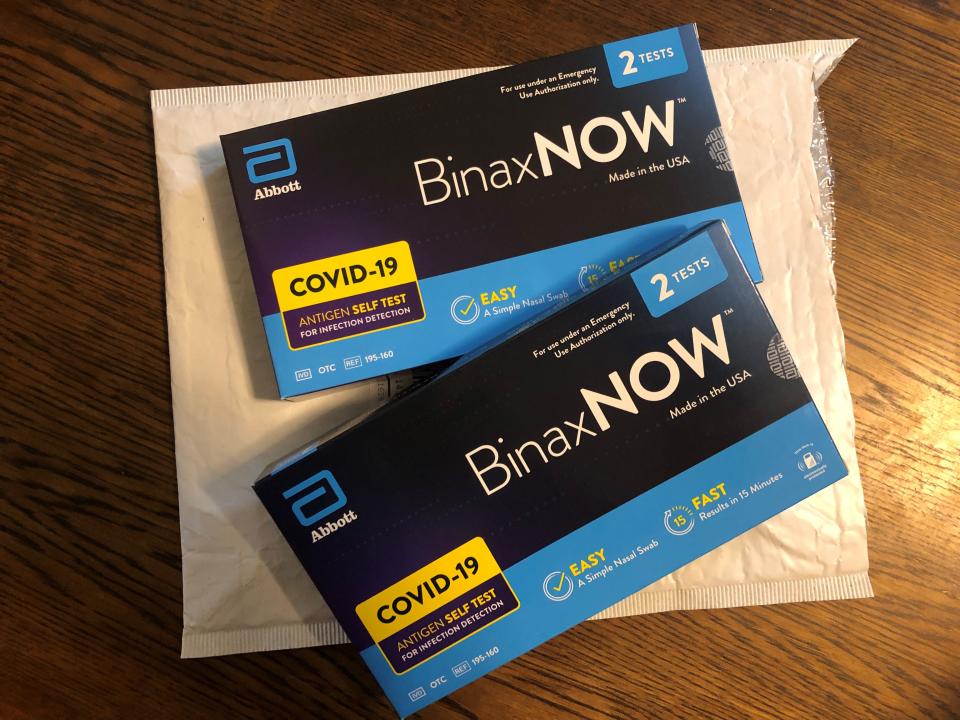 These boxes of home COVID tests arrived at a home in South Burlington, Vt., on Thursday, March 10, 2022. The kits were ordered Jan. 18  through the U.S. Postal Service under the federal giveaway program.