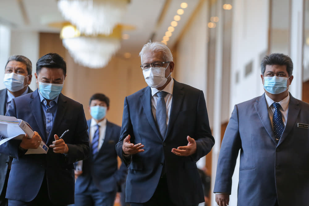 Home Minister Datuk Seri Hamzah Zainudin is pictured at the Le Meridien Hotel in Putrajaya April 15, 2021. — Picture by Yusof Mat Isa