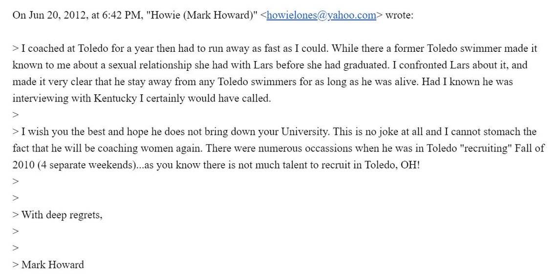 An email that Mark Howard sent in 2012 to University of Kentucky athletics officials about Lars Jorgensen.