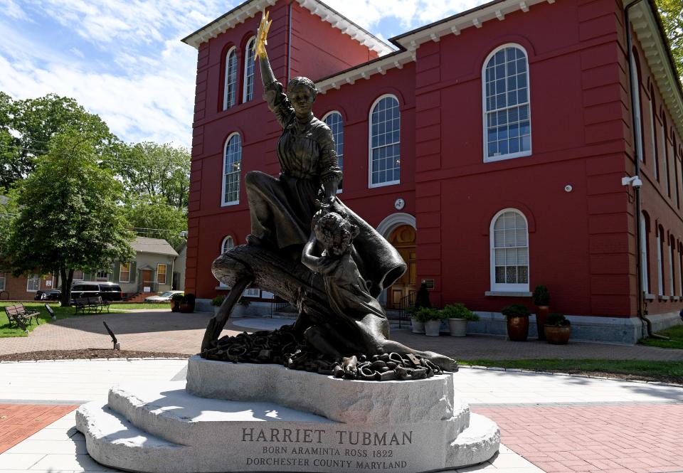 The Harriet Tubman statue in front of the Dorchester County Circuit Courthouse July 14, 2023, in Cambridge, Maryland.