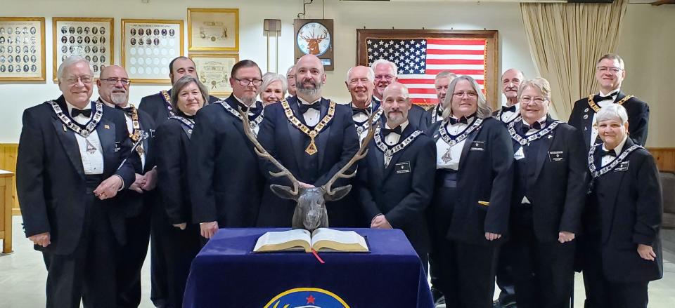 Rochester Elks officers and past exalted rulers include, left to right in first row, Don Chesnel, esquire;  Jeff Rasmussen, lecturing knight; Matthew Sanborn, exalted ruler; Peter Ducharme, leading knight; Deanna Souza, loyal knight; Janice Tagen, chaplain; Jeanne Bernard, tiler. Second row, left to right are Jim Clark, trustee; Cindy Skidds, treasurer; Bonnie Skidds, trustee; Jerry Skidds, outgoing exalted ruler; Norman Gervais, secretary;  Harry Tagen, inner guard; Tom Ducharme, trustee and Jason Parker, past exalted ruler. Third row, left to right are Scott Welch, trustee, DDGER and Peter Meyer, trustee.