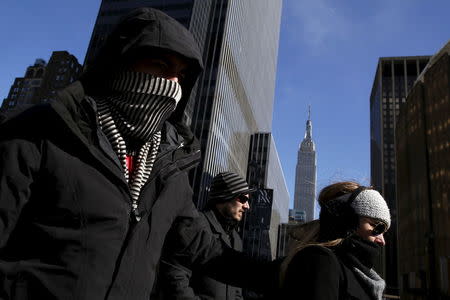 People walk down 8th avenue in New York February 13, 2016. Temperatures dipped to well below freezing on Saturday with meteorologists dubbing the weather phenomenon as being a polar vortex. REUTERS/Andrew Kelly