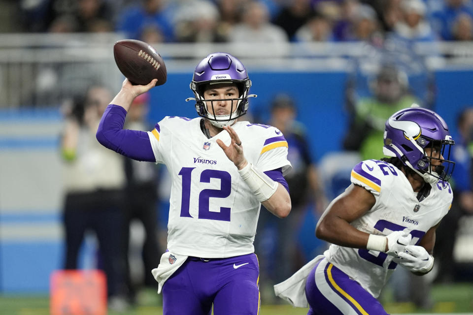 Minnesota Vikings quarterback Nick Mullens throws during the second half of an NFL football game against the Detroit Lions, Sunday, Jan. 7, 2024, in Detroit. (AP Photo/Paul Sancya)