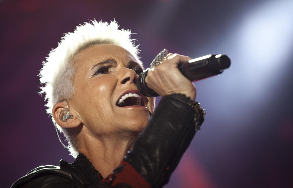 Marie Fredriksson of the Swedish Pop band Roxette performs during a concert in Rio de Janeiro, Brazil on April 16, 2011. Fredriksson, who sang many hits including "It Must Have Been Love" from the film "Pretty Woman," died on Dec. 9. She was 61. (AP Photo/Victor R. Caivano)