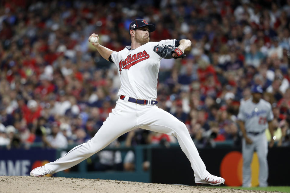 American League pitcher Shane Bieber, of the Cleveland Indians, throws during the fifth inning of the MLB baseball All-Star Game against the National League, Tuesday, July 9, 2019, in Cleveland. (AP Photo/John Minchillo)