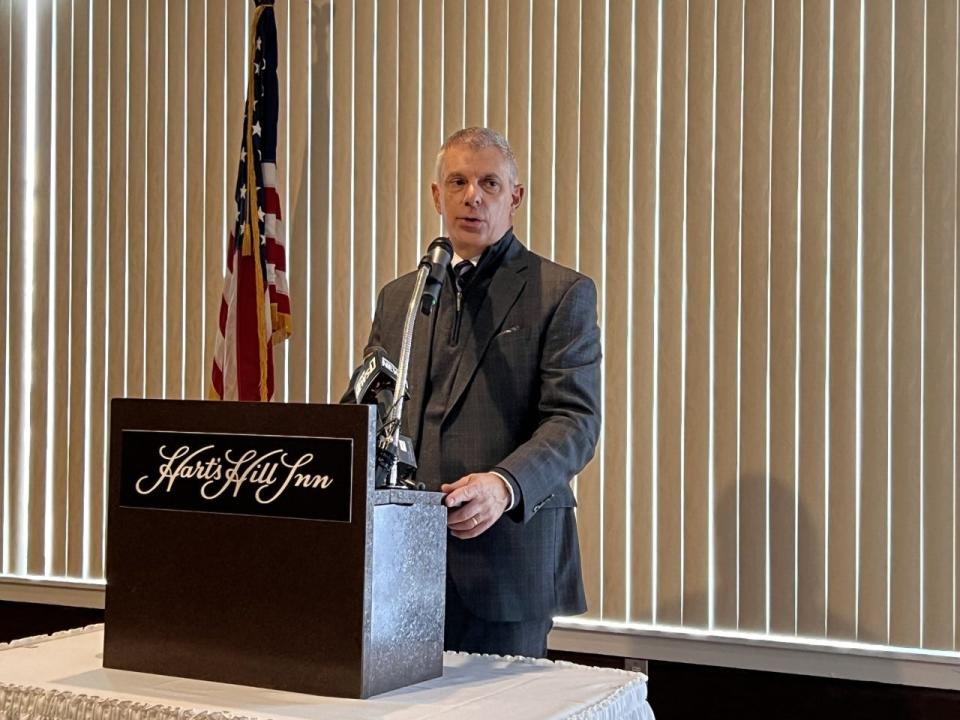 Oneida County Executive Anthony Picente Jr. speaks Thursday at Hart's Hill Inn in Whitesboro, where he instituted an indoor mask mandate that will take place Monday morning.