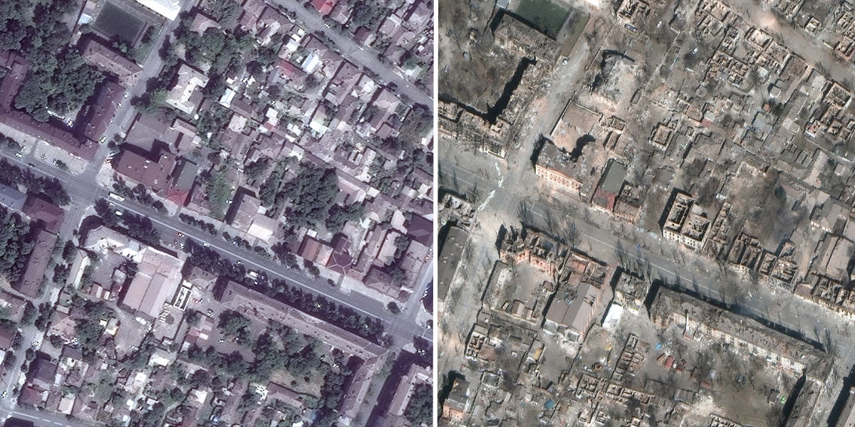 A Maxar satellite image shows residential buildings in Mariupol on March 20, 2022, before and after bombings. (Satellite image (C)2022 Maxar Technologies)