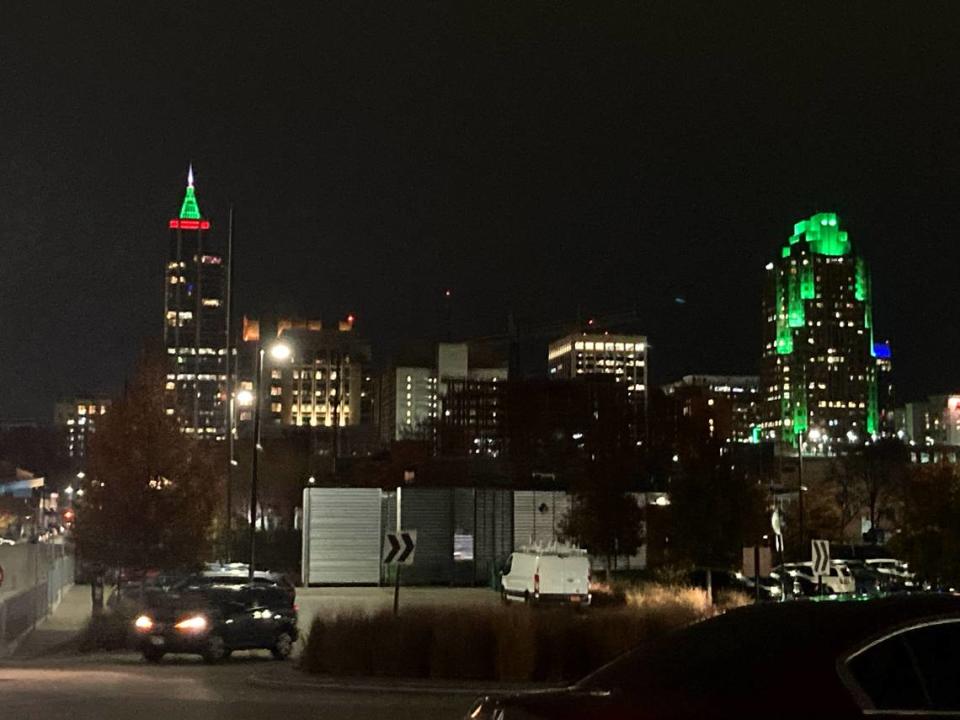 The view of the holiday-themed downtown skyline from Raleigh’s Union Station on Tuesday, Dec. 6, 2022.