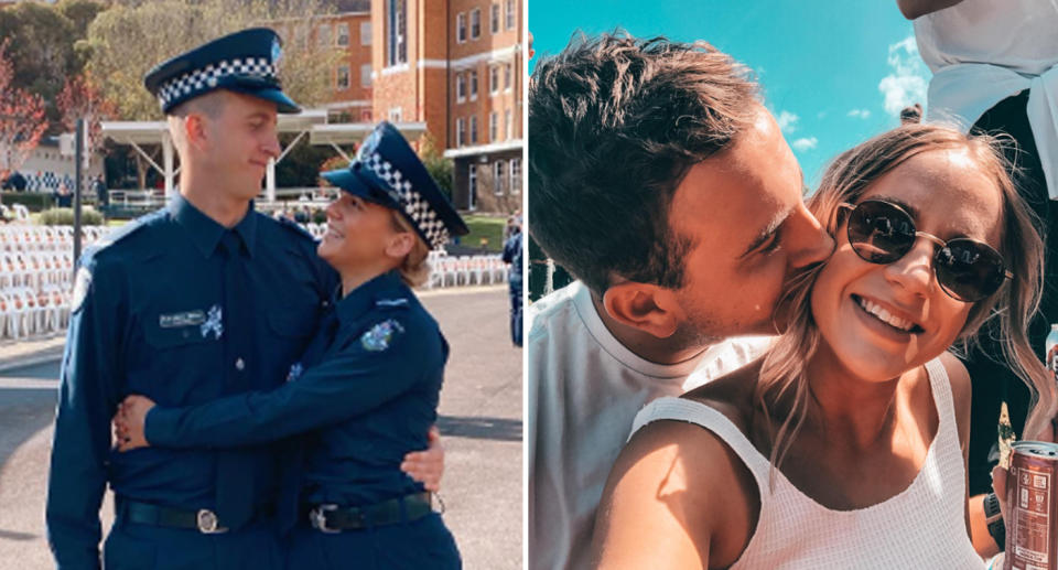 Harry Baker and his girlfriend Kate Osmond in police uniform (left) Harry Baker and Kate Osmond hugging and smiling (right)