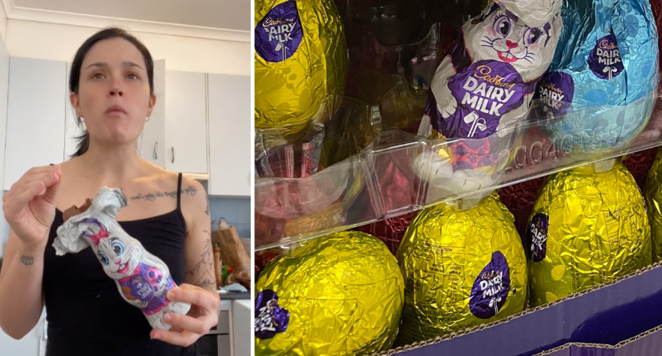 Left image of Miles eating Cadbury Easter bunny. Right image of Cadbury Easter eggs and bunnies in store.