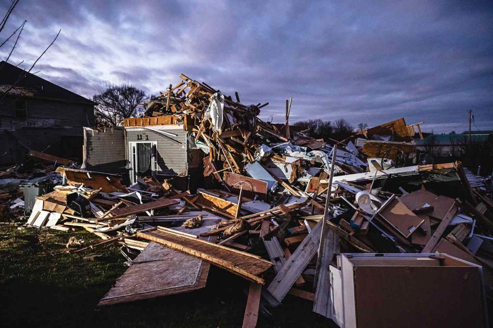 <p> Jon Cherry/Getty</p> A destroyed home is seen in the aftermath of a tornado on December 10, 2023 in Clarksville, Tennessee.