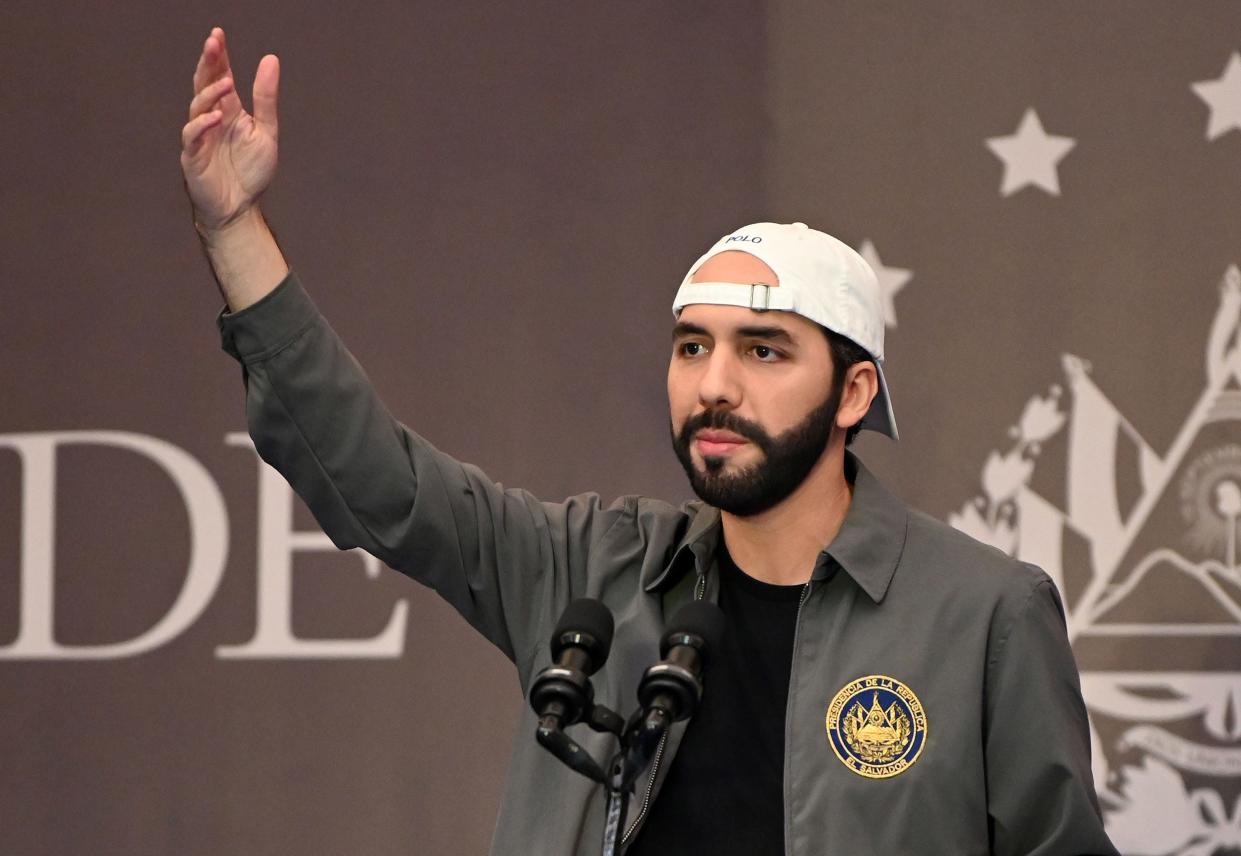 Salvadoran President Nayib Bukele delivers a press conference at a hotel in San Salvador on Feb. 28, 2021.