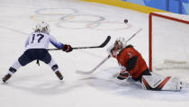 Jocelyne Lamoureux of the U.S. misses a penalty shot against Canada goalkeeper Genevieve Lacasse during preliminary round action. REUTERS/David W Cerny