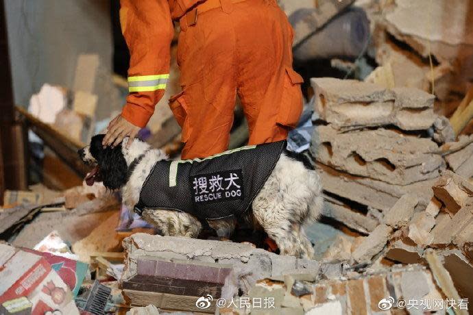 大爆炸現場一片混亂，當局出動數輛消防車、上百名消防員及6隻搜救犬協助救災。（翻攝自人民日報微博）