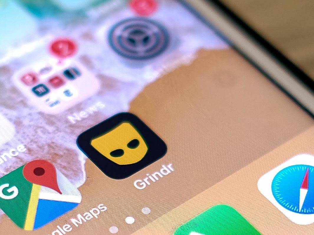 This picture taken on March 27, 2019 shows the Grindr app on a phone in Los Angeles: AFP via Getty Images
