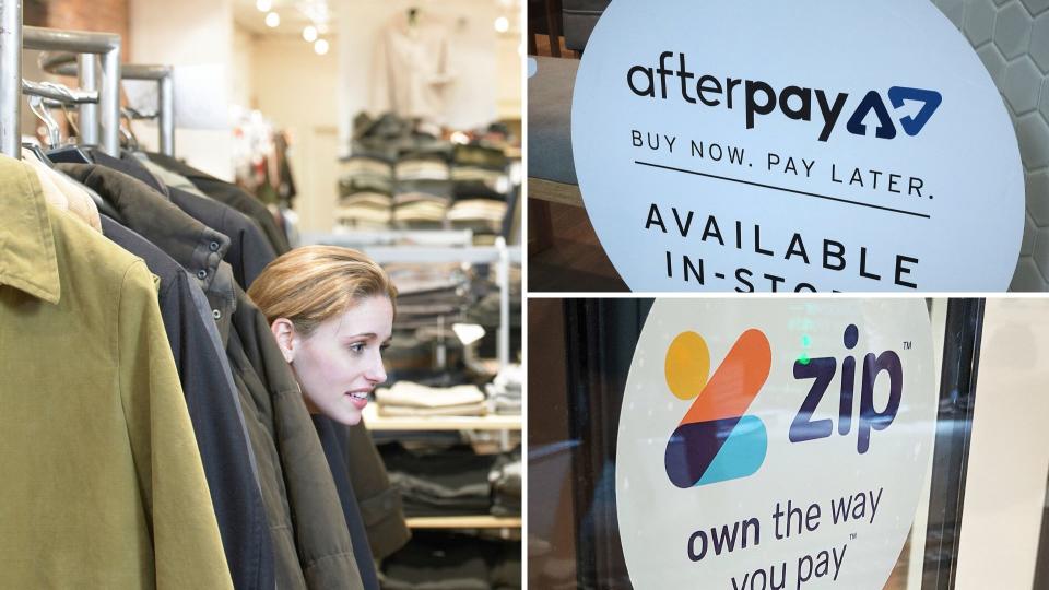 A woman hiding at a clothing store on the left, shop window signs for Afterpay and Zip Pay on the right.