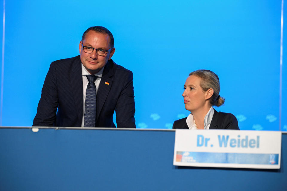 Alice Weidel and Tino Chrupalla, co-leaders of the far-right party Alternative for Germany (AfD) look on on the day of the European election assembly 2023 of the Alternative for Germany (AfD) in Magdeburg, Germany, July 29, 2023. REUTERS/Annegret Hilse