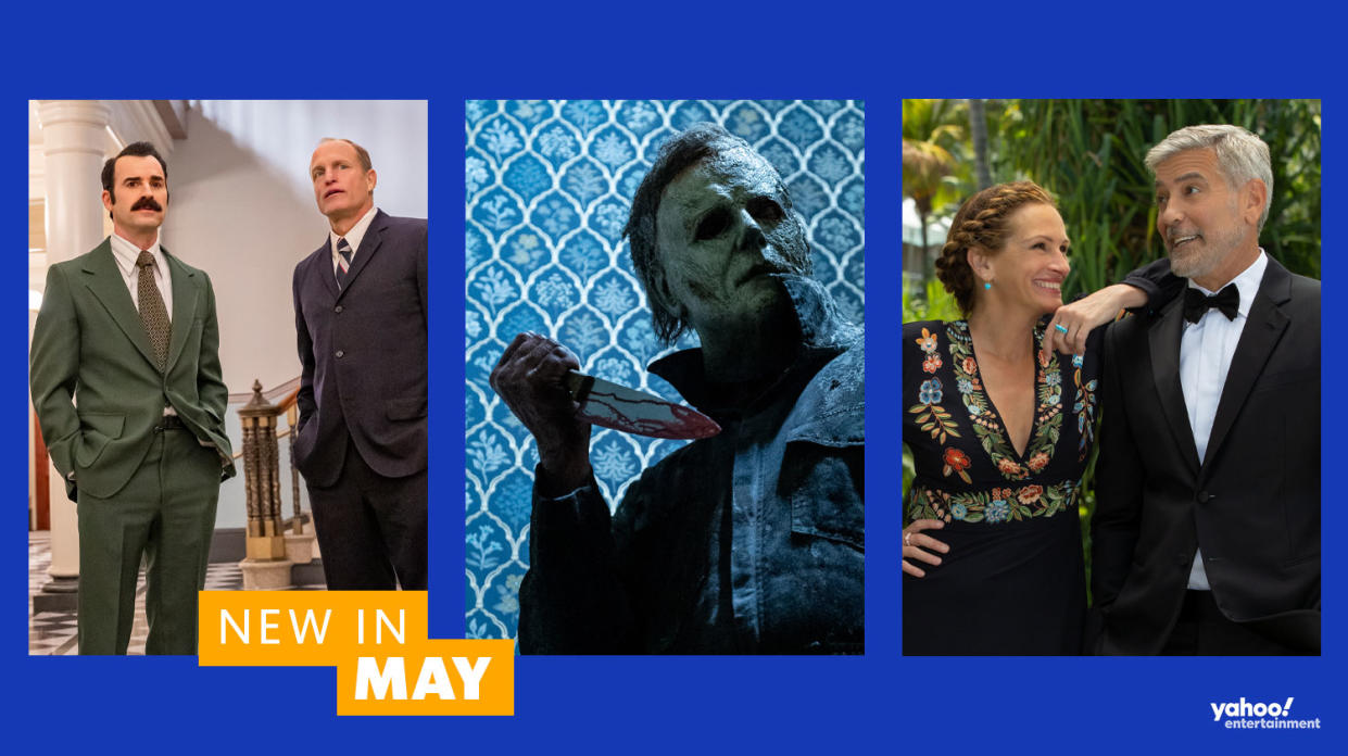 White House Plumbers, Halloween Ends and Ticket To Paradise are all streaming on NOW in May 2023. (HBO/Universal)