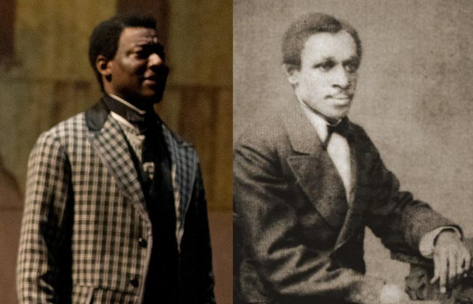 Greg Watkins, left, portrays Benjamin Holmes, right, in "Jubilee," an a cappella musical about the Fisk Jubilee Singers.