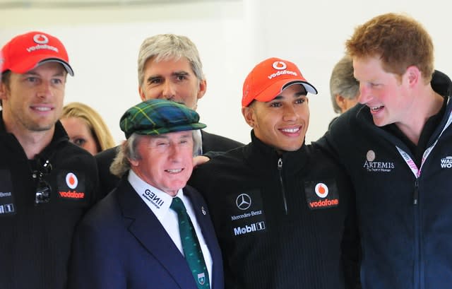 Sir Jackie Stewart, pictured with Lewis Hamilton, Damon Hill, Jenson Button (left) and Prince Harry (Rui Vieira/PA)