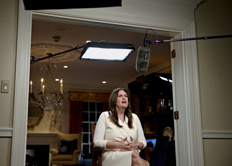 Gov. Sarah Huckabee Sanders, R-Ark., speaks while delivering the Republican response to President Biden's State of the Union address, Tuesday, Feb. 7, 2023, in Little Rock, Ark. (Al Drago/Bloomberg, Pool)