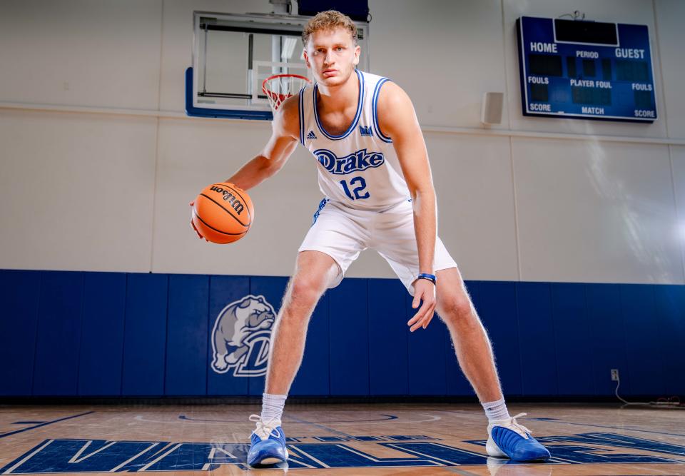 Drake guard/forward Tucker DeVries stands for a photo during media day, Monday, Oct. 23, 2023.