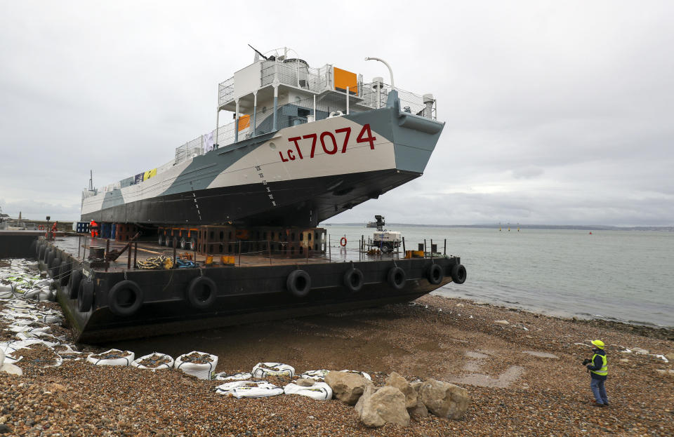 Restored World War Two landing craft LCT 7074 is transported from from the Naval Base in Portsmouth to its final resting place at the D-Day Story at Southsea. (Photo by Steve Parsons/PA Images via Getty Images)
