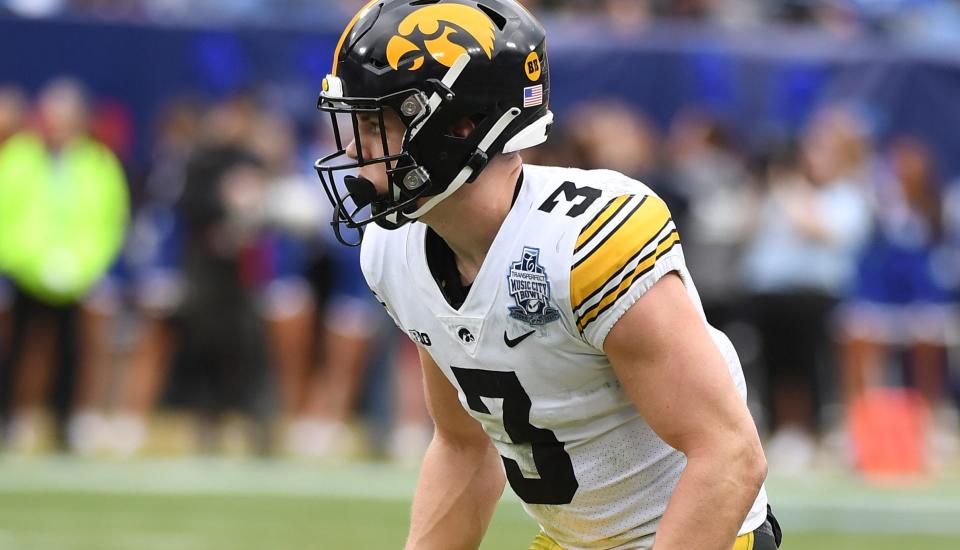 Dec 31, 2022; Nashville, Tennessee, USA; Iowa Hawkeyes defensive back Cooper DeJean (3) defends during the first half against the Kentucky Wildcats in the 2022 Music City Bowl at Nissan Stadium. Mandatory Credit: Christopher Hanewinckel-USA TODAY Sports