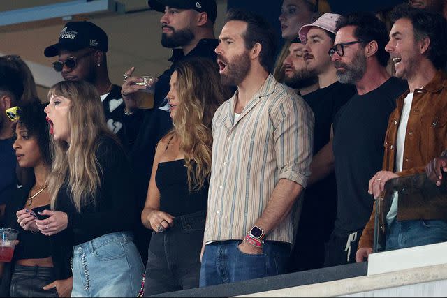 <p>Elsa/Getty</p> Taylor Swift, Blake Lively, Ryan Reynolds, Hugh Jackman, and Shawn Levy at the Chiefs-Jets game October 1