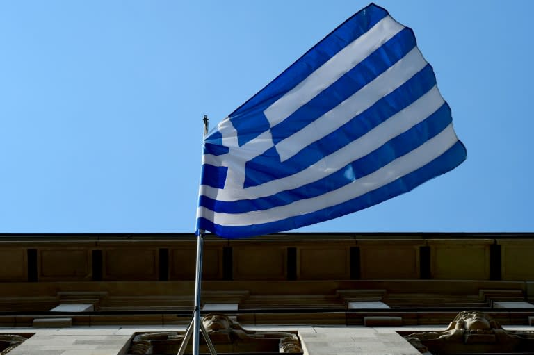 The Greek national flag outside the Embassy of Greece on June 29, 2015 in Berlin