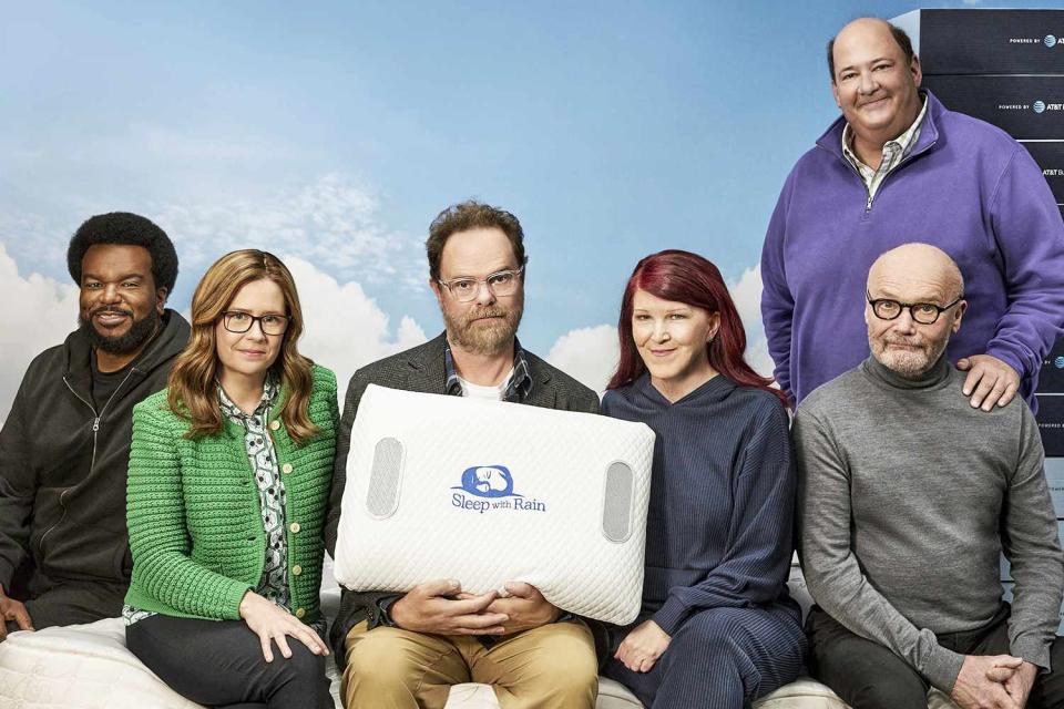 <p>AT&T Business</p> (L-R) Craig Robinson, Jenna Fischer, Rainn Wilson, Kate Flannery, Creed Bratton and Brian Baumgartner are pictured together for AT&T Business.