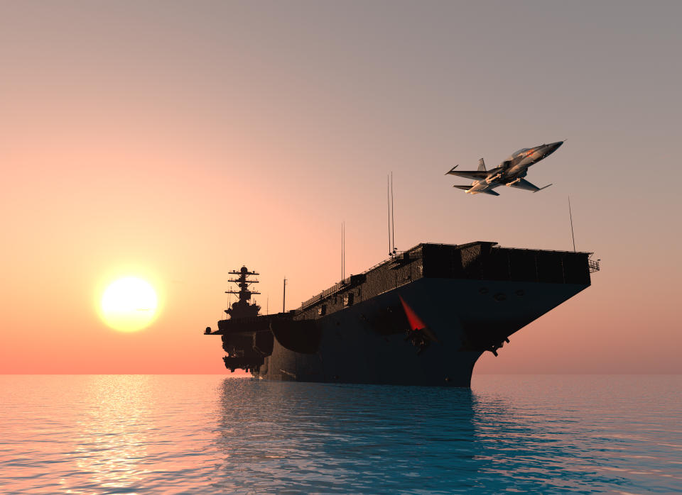 A warship and an airplane on the sea. ,3d render