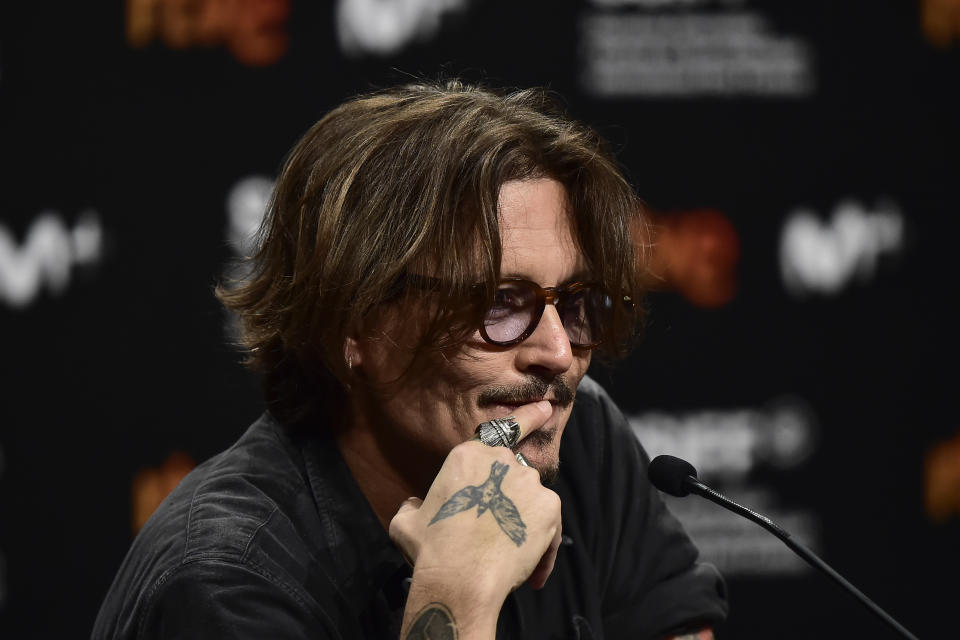 US actor and film producer Johnny Deep during press conference to promote his film "Crock of Gold: A Few Rounds with Shane Macgoman" at the 68th San Sebastian Film Festival, in San Sebastian, northern Spain, Sunday, Sept. 20, 2020. (AP Photo/Alvaro Barrientos)