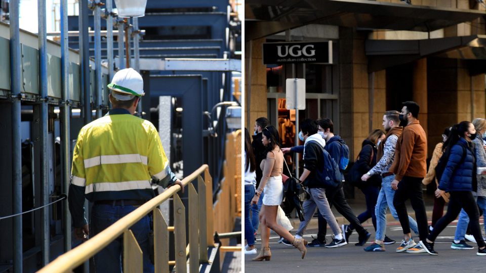 Most dangerous jobs in Australia concept. Construction worker and Australian people on the street.