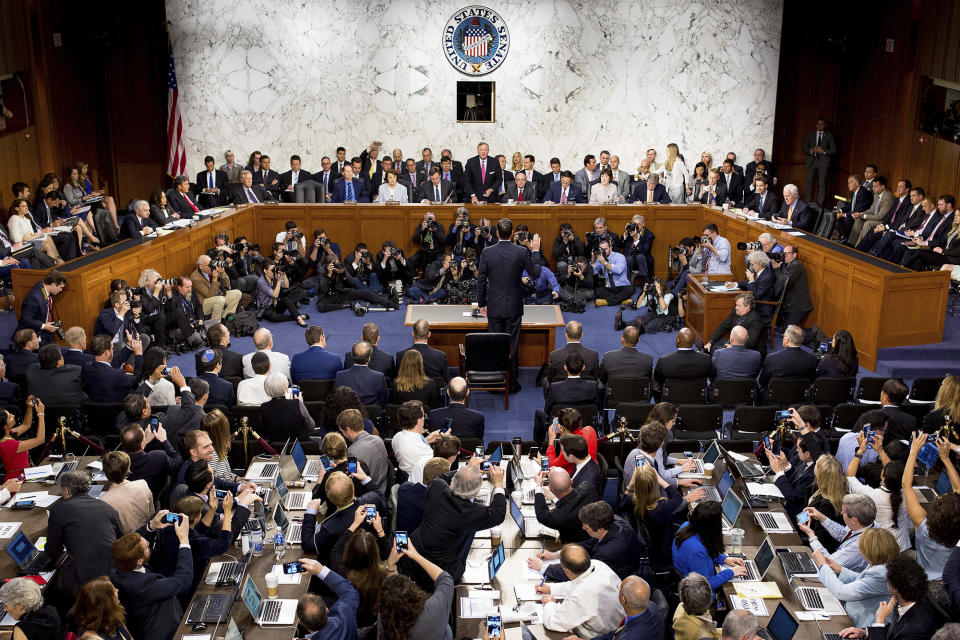 <p>Former FBI Director James Comey is sworn in during a Senate Intelligence Committee hearing on Capitol Hill, Thursday, June 8, 2017, in Washington. (Photo: Andrew Harnik/AP) </p>