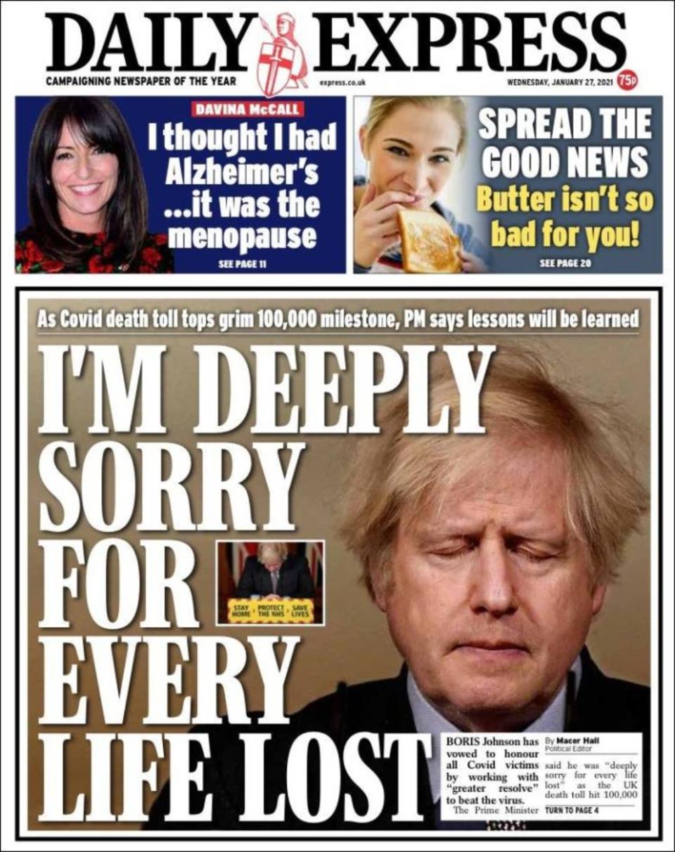 La misma frase del primer ministro británico ha escogido para su portada ‘Daily Express’ junto a una fotografía de Johnson desolado. (Foto: <a href="http://www.express.co.uk/" rel="nofollow noopener" target="_blank" data-ylk="slk:Daily Express;elm:context_link;itc:0;sec:content-canvas" class="link ">Daily Express</a>).