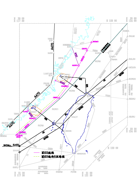 M503、W121、W122、W123航線圖，其中粉紅色的線是M503航線，紫色線是W121、W122、W123航線，而綠色虛線是M503原本偏西的路線。   圖：民航局／提供