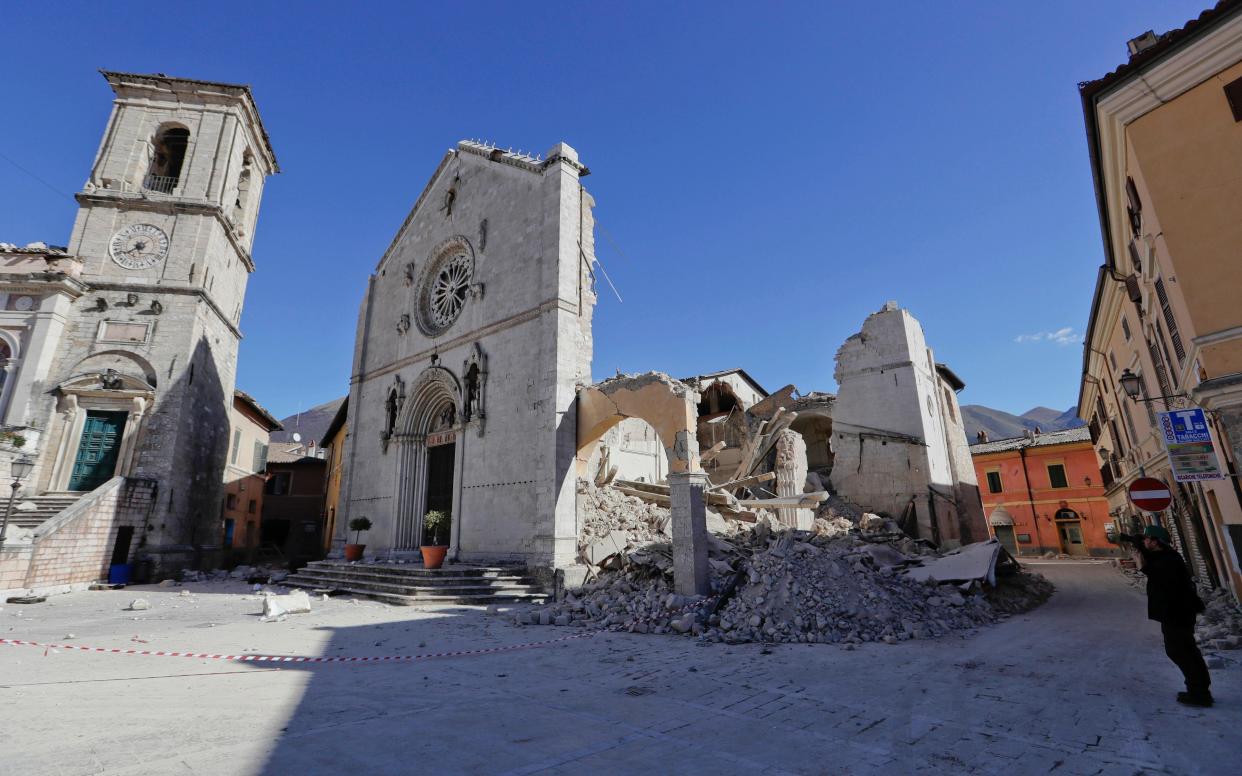 The Basilica of St Benedict in Norcia's main square was severely damaged by a powerful earthquake in October. Efforts are underway to repair it. - Copyright 2016 The Associated Press. All rights reserved.
