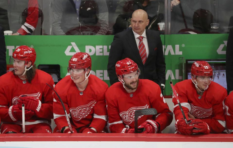 Red Wings coach Derek Lalonde during the third period of the 3-0 win over the Canadiens on Friday, Oct. 14, 2022, at Little Caesars Arena.