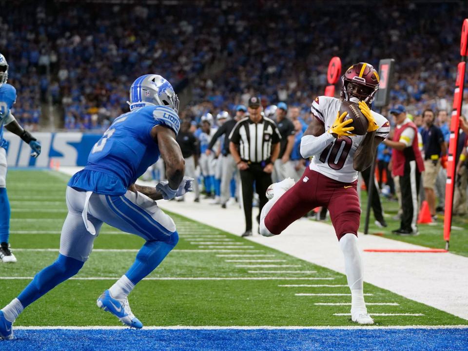 Curtis Samuel reels in a touchdown against the Detroit Lions.