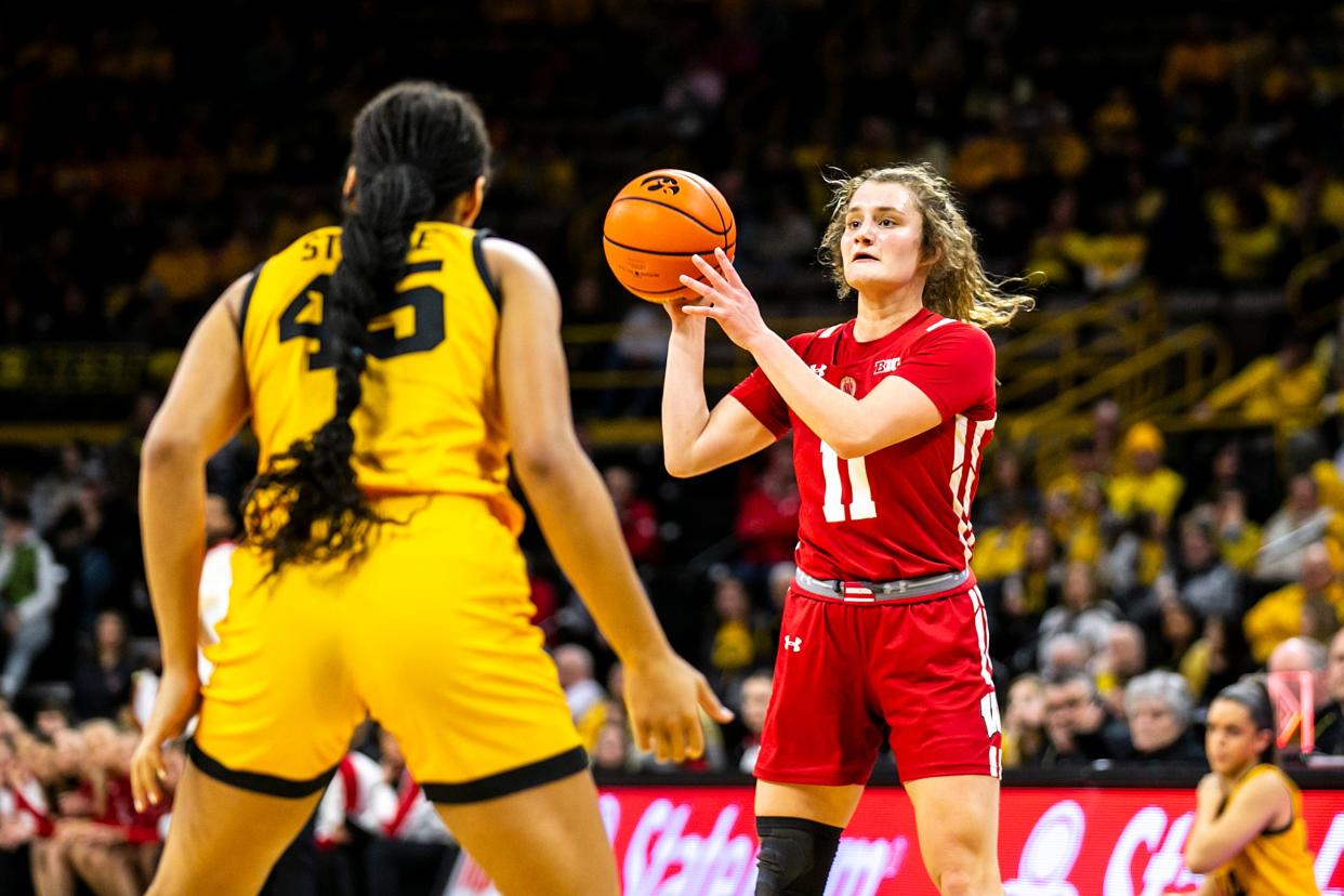 Former Wisconsin basketball player Maty Wilke (11) averaged 11.8 points per game last season. She announced her commitment to Utah Tuesday.