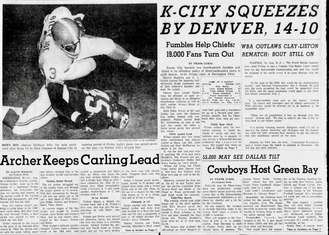 The game story about the 1964 Chiefs-Broncos game at Farrington Field in Fort Worth was headlined over a Cowboys-Packers game.