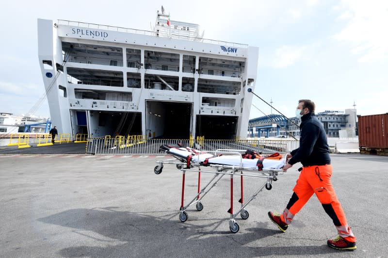 'Splendid' ship is docked to be used as a hospital, in Genoa